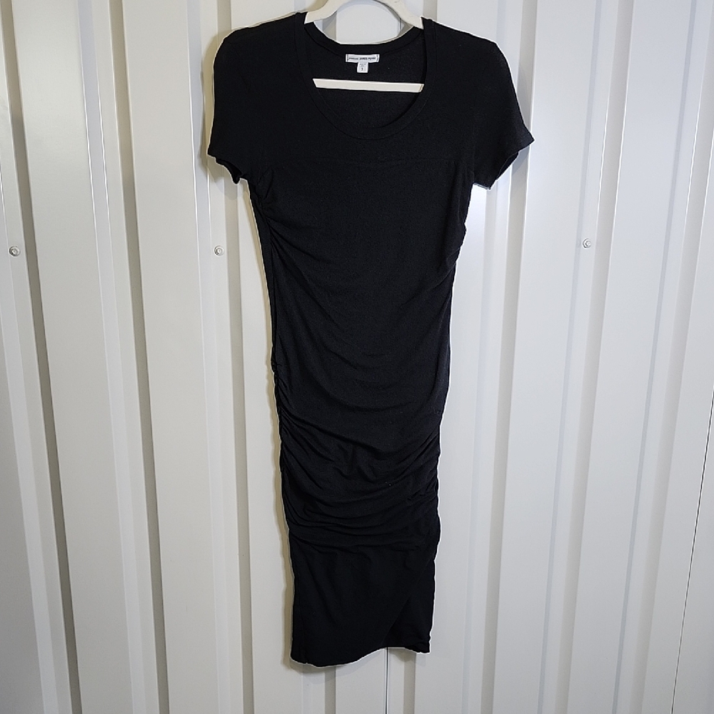 Standard James Perse Classic Black Ruched Midi Dress Size 2 Medium